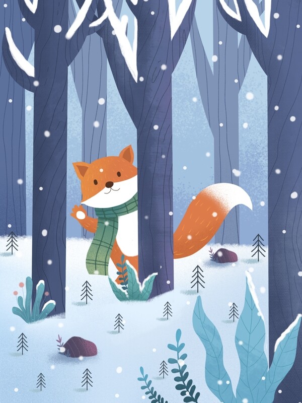 小清新冬日私语森林里的小狐狸背景