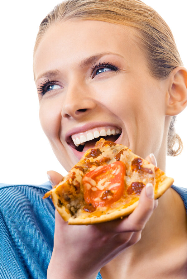 吃披萨的开心女人图片