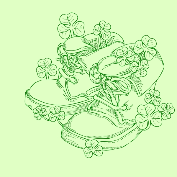 手绘线稿春季四叶草与鞋子