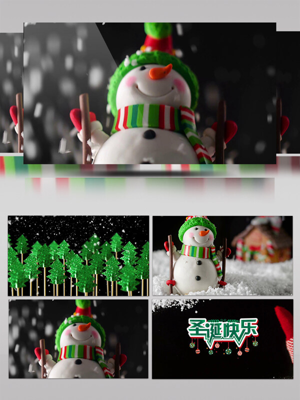 圣诞快乐冬天雪人杉树圣诞节开场动画片头