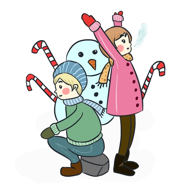 暖冬童话少女风卡通手绘堆雪人