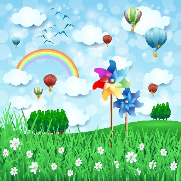 蓝天白云彩虹热气球