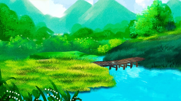 春天清新风河边风景插画背景