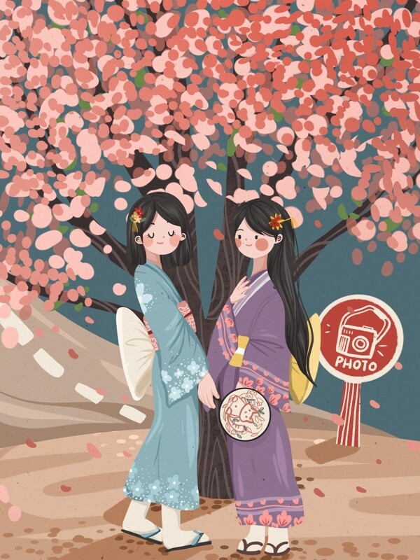 日本樱花季女孩在樱花树夏拍照唯美小清新