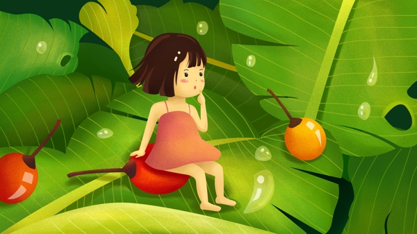 梦游仙境之芭蕉叶夏季女孩果子植物树叶插画