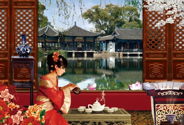 中国古典美女江南美女园林风景茶道图片