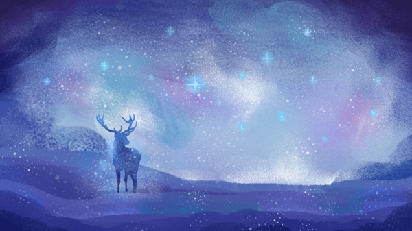 原创手绘插画星空下的鹿