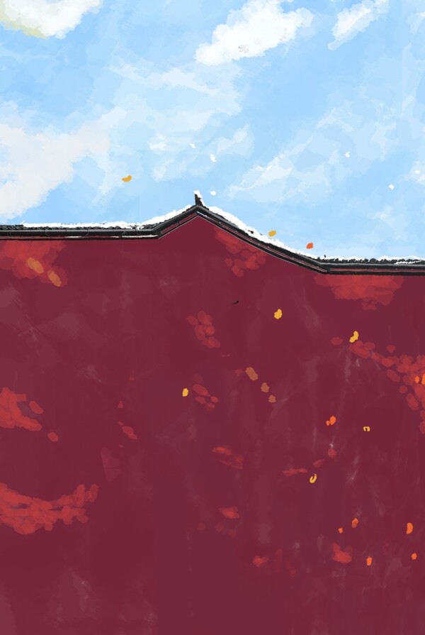 玫红色城墙蓝天白云自然风景图