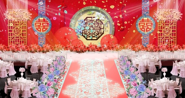 红色中式古风唯美婚礼舞台效果图psd