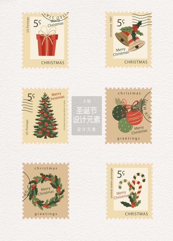 怀旧圣诞节邮票标签设计元素