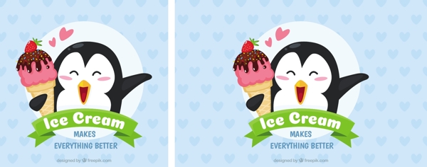 冰淇淋和可爱的企鹅蓝色背景