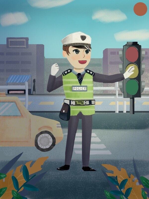 交通安全之交警指挥交通肌理原创插画