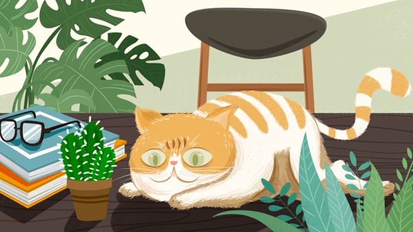 清新可爱萌宠猫咪插画书桌上的小猫插画