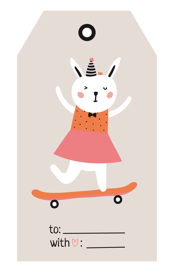 卡通玩滑板的兔子标签设计矢量素材