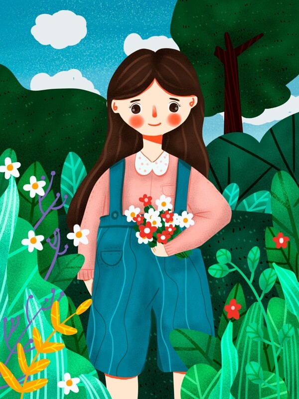 国际儿童日可爱卡通小女孩在采花