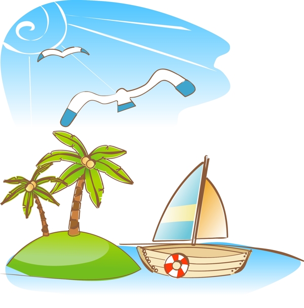 卡通热带船只海鸥素材设计
