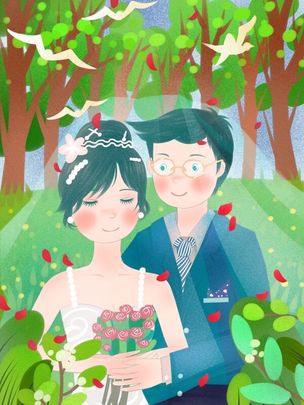 户外草地婚礼幸福的新郎新娘清新插画