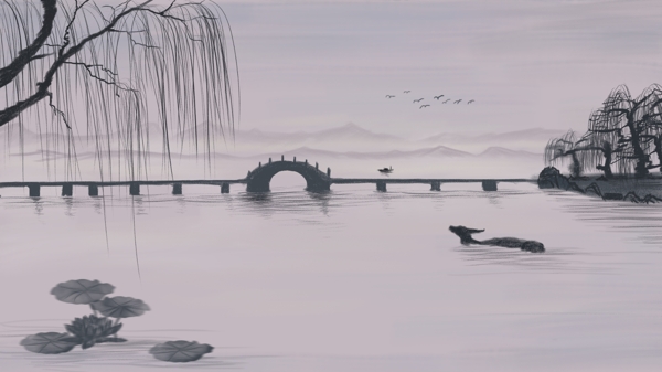 手绘中国风山水墨画杭州西湖旅行传统海报