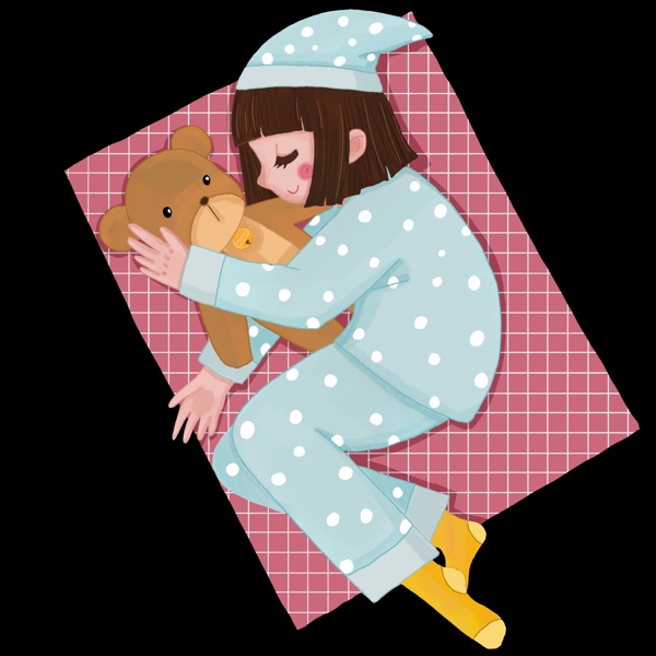 抱小熊睡觉的小女孩