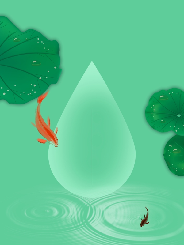 手绘水彩荷塘鲤鱼绿色背景素材