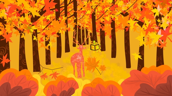 立秋秋天节气插画唯美林中的鹿金黄色秋季