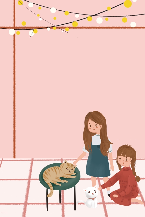 女生节猫咖商店家居插画海报