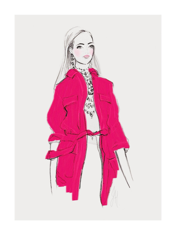 玫红色长款女装外套设计图