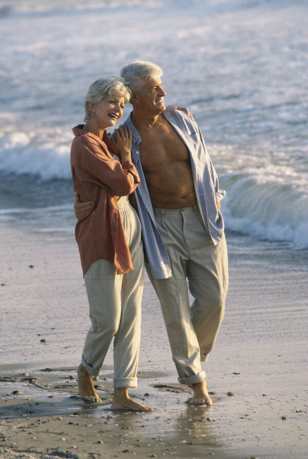 海边散步的老年夫妇图片
