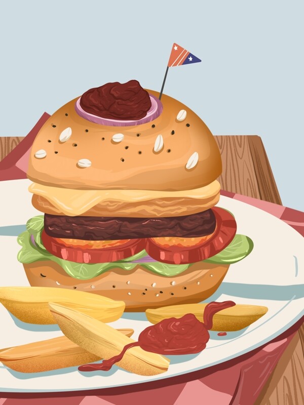 手绘美味汉堡薯条插画背景
