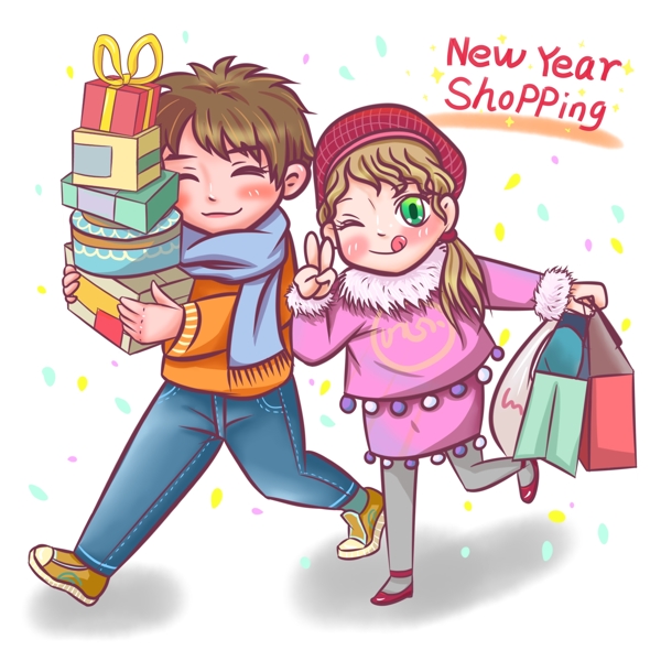 商用手绘卡通情侣购物新年采购置办年货场景