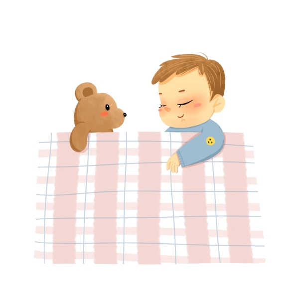 小婴儿和小熊在床上睡觉