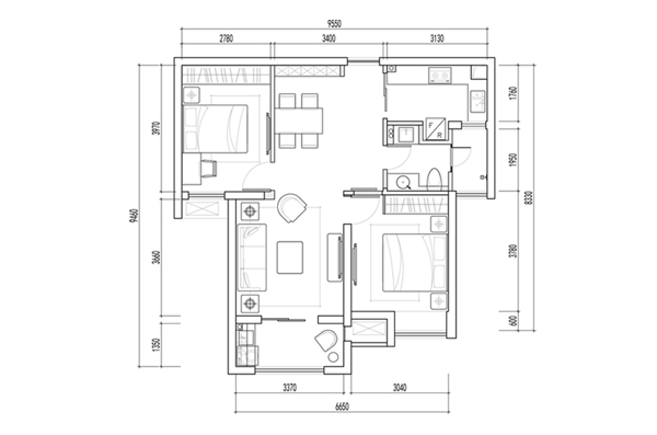CAD两室一厅平面定制