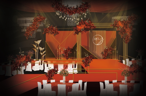 红色时尚婚礼舞台仪式区效果图