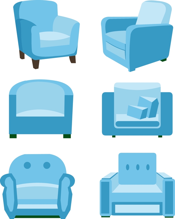 手绘卡通家具蓝色矢量单人小沙发
