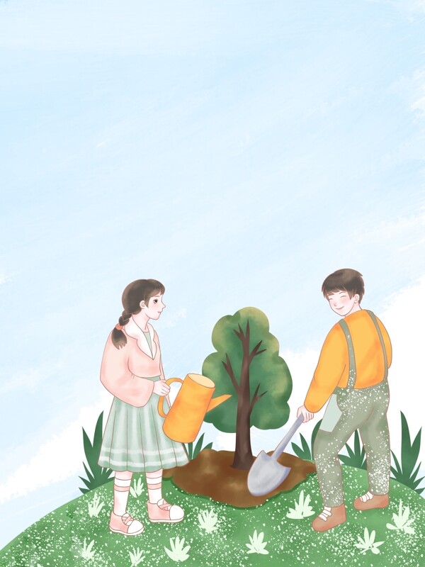 春季手绘男孩女孩植树背景