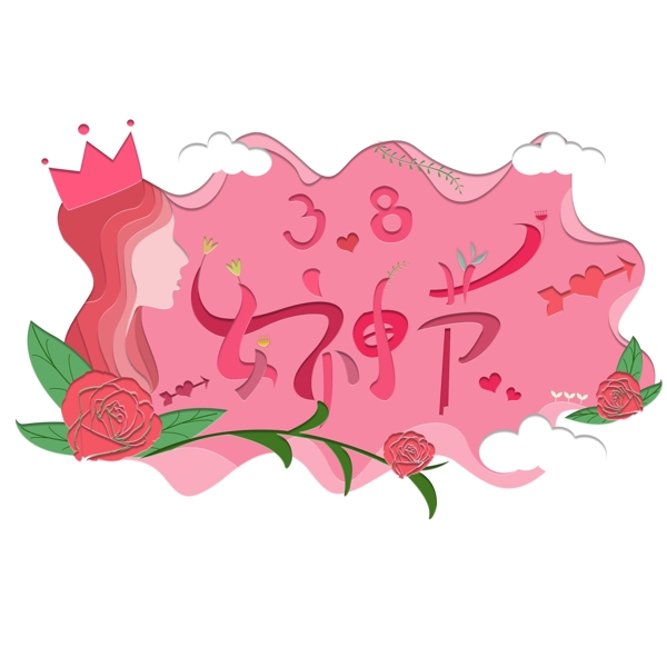 印象剪纸风格女性玫瑰花女神节装饰图案