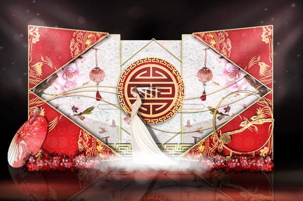 中式红金色几何婚礼效果图