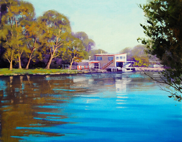 河畔房子油画图片
