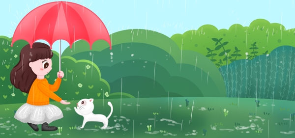 谷雨节气可爱小女孩给猫遮雨卡通背景