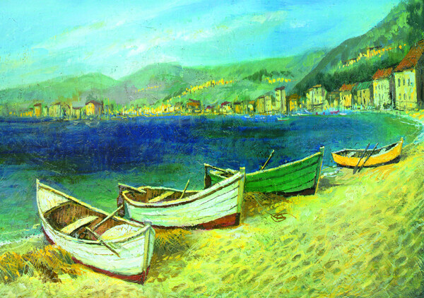 油画海边沙滩上的小船图片