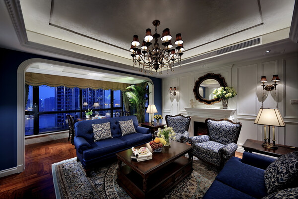美式时尚客厅茶几沙发落地窗设计图
