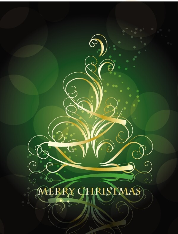 金色的旋转的圣诞树和墨绿色的背景