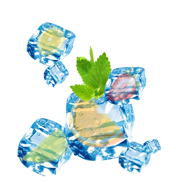 唯美蓝色冰块包裹水果元素