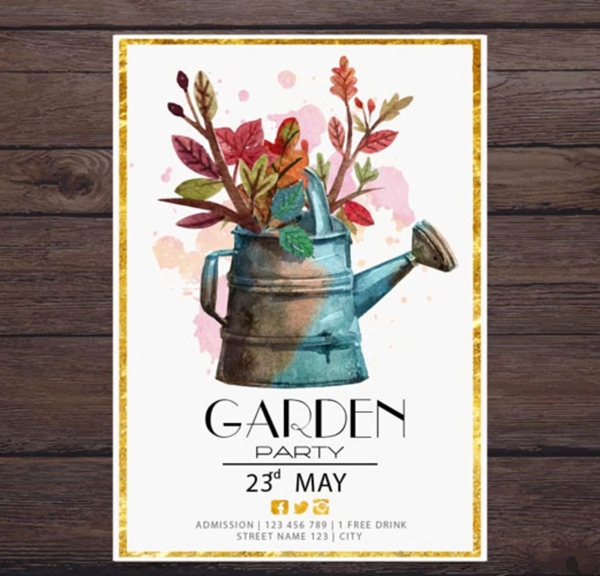 水彩春季水壶花卉派对海报