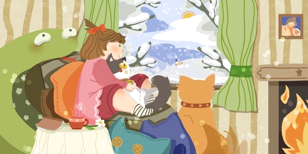 萌宠系列之冬日里女孩抱着猫咪暖洋洋