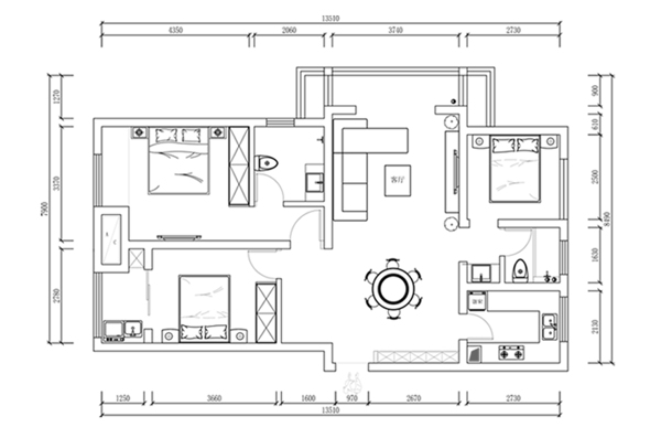 三房户型CAD家装平面图