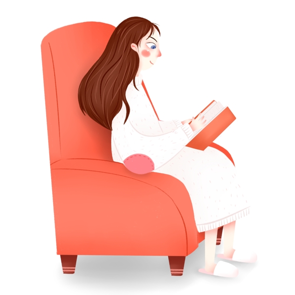 手绘卡通女孩坐在沙发上看书原创元素