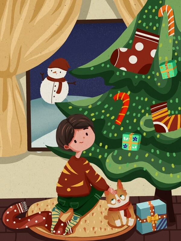 圣诞节男孩坐在圣诞树前可爱温馨插画