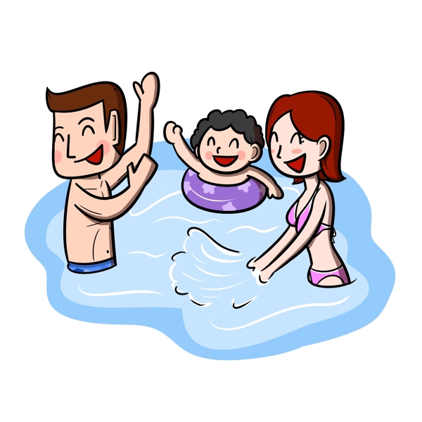 卡通夏季全家人游泳玩耍嬉戏png透明底