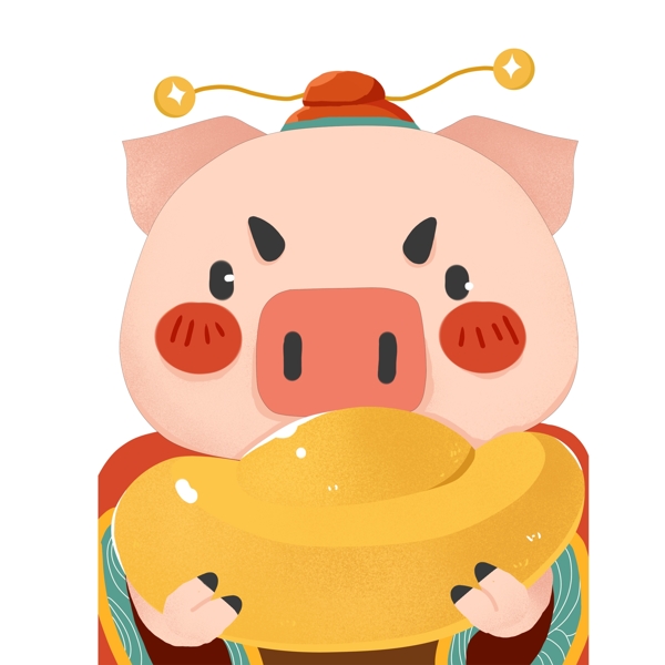 手绘可爱猪猪抱着金元宝原创元素